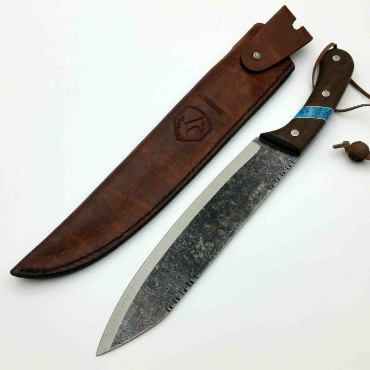 Couteau Condor Blue River Machete Lame Carbone 1075 Manche Bois/Turquoise Etui Cuir CTK282710HC - Livraison Gratuite