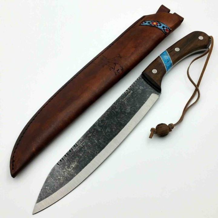 Couteau Condor Blue River Machete Lame Carbone 1075 Manche Bois/Turquoise Etui Cuir CTK282710HC - Livraison Gratuite