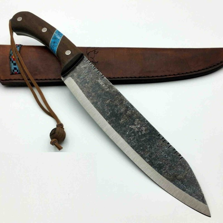 Couteau Condor Blue River Machete Lame Carbone 1075 Manche Bois/Turquoise Etui Cuir CTK282710HC - Livraison Gratuite