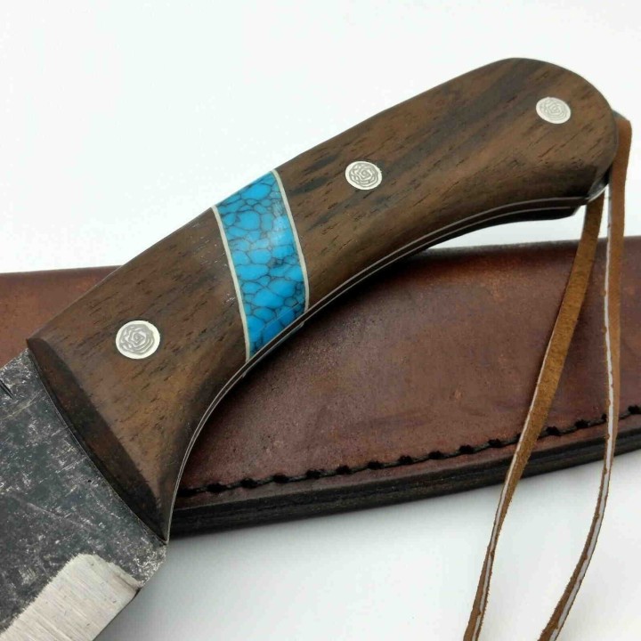 Couteau Condor Blue River Machete Lame Carbone 1075 Manche Bois/Turquoise Etui Cuir CTK282710HC - Livraison Gratuite