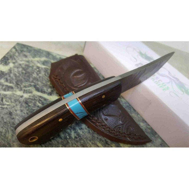 Couteau Skinner Damas 256 Couches Manche Bois Etui Cuir DM1243 - Livraison Gratuite