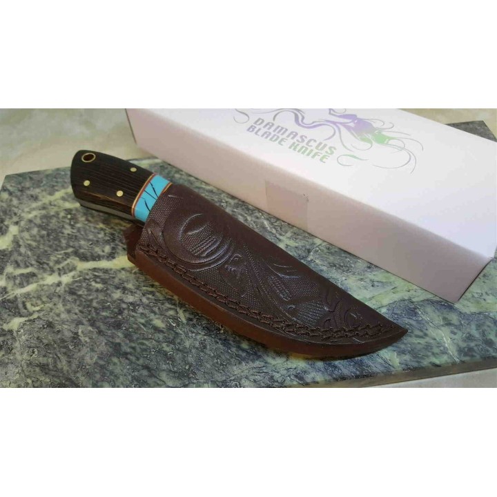 Couteau Skinner Damas 256 Couches Manche Bois Etui Cuir DM1243 - Livraison Gratuite