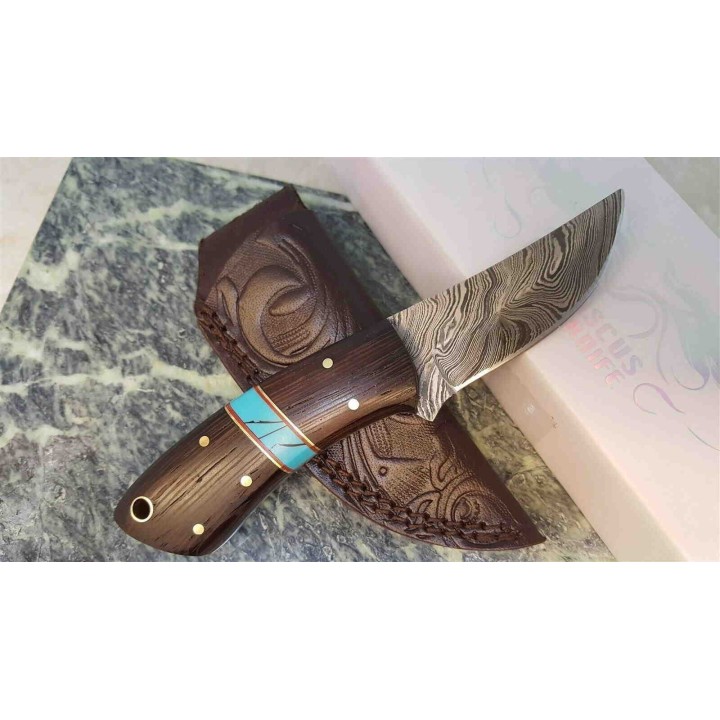 Couteau Skinner Damas 256 Couches Manche Bois Etui Cuir DM1243 - Livraison Gratuite
