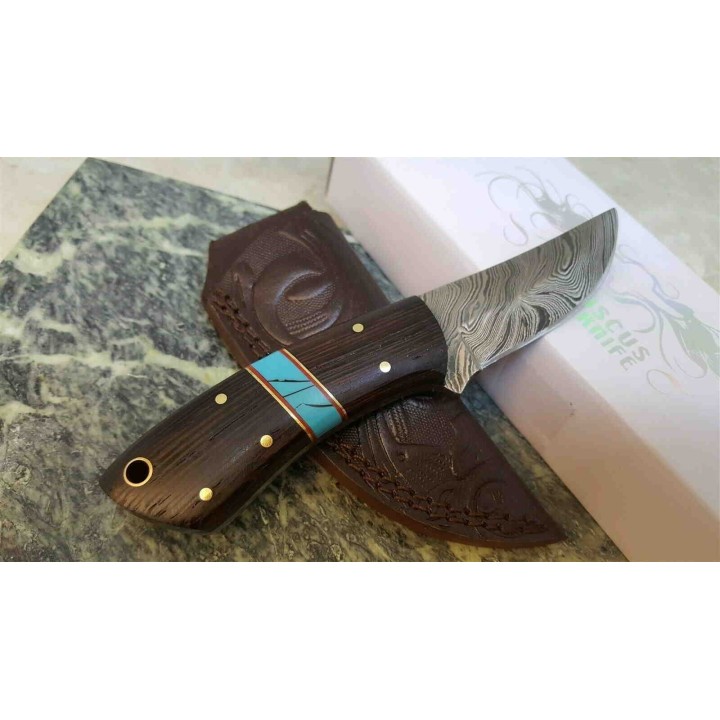 Couteau Skinner Damas 256 Couches Manche Bois Etui Cuir DM1243 - Livraison Gratuite