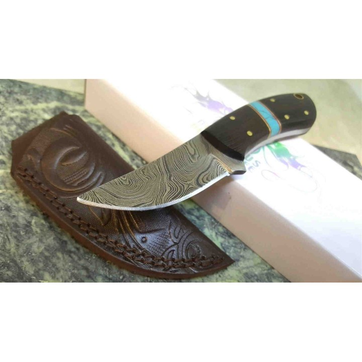 Couteau Skinner Damas 256 Couches Manche Bois Etui Cuir DM1243 - Livraison Gratuite
