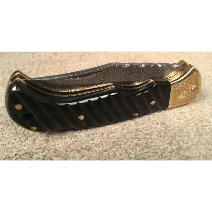 Couteau Damas Pliant Manche Corne Lame 128 Couches Lockback DM1225 - Livraison Gratuite