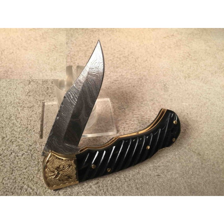 Couteau Damas Pliant Manche Corne Lame 128 Couches Lockback DM1225 - Livraison Gratuite