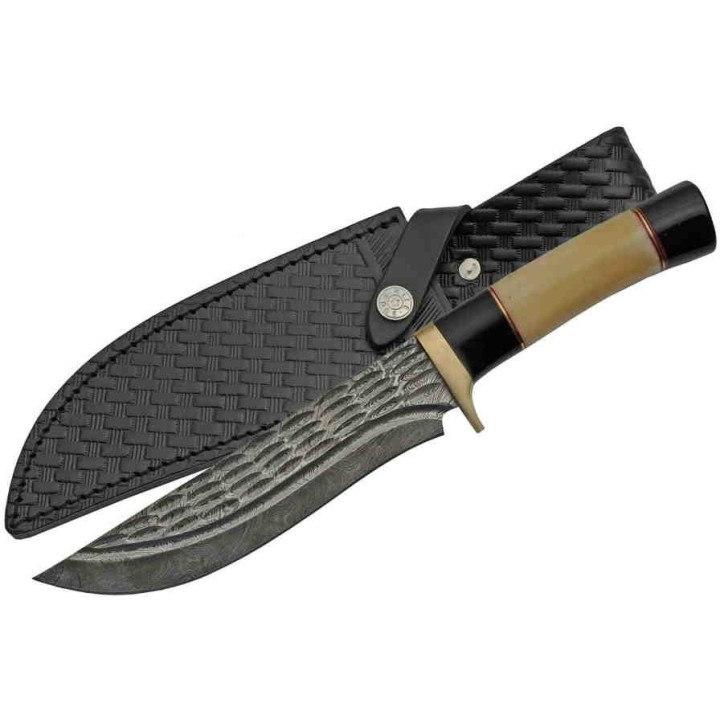 Couteau Bowie Damas Lame 256 Couches Manche Os & Corne Etui Cuir DM1227BO - Livraison Gratuite