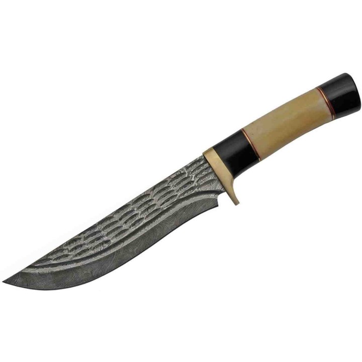 Couteau Bowie Damas Lame 256 Couches Manche Os & Corne Etui Cuir DM1227BO - Livraison Gratuite
