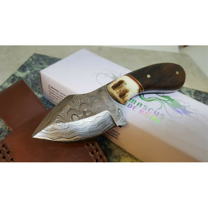 Couteau Skinner Damas Manche Corne/Bois Lame 256 Couches Etui Cuir DM1229 - Livraison Gratuite