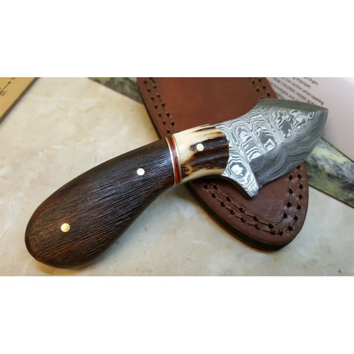 Couteau Skinner Damas Manche Corne/Bois Lame 256 Couches Etui Cuir DM1229 - Livraison Gratuite
