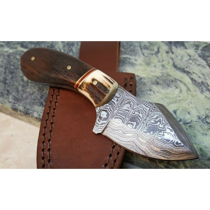 Couteau Skinner Damas Manche Corne/Bois Lame 256 Couches Etui Cuir DM1229 - Livraison Gratuite