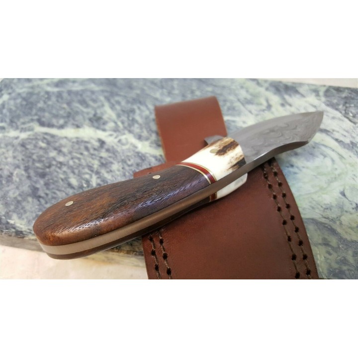 Couteau Skinner Damas Manche Corne/Bois Lame 256 Couches Etui Cuir DM1229 - Livraison Gratuite