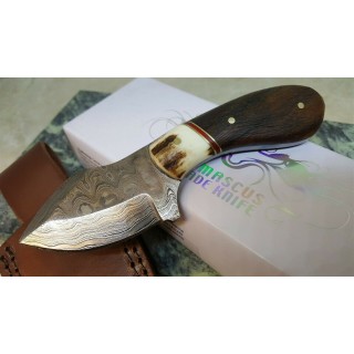 Couteau Skinner Damas Manche Corne/Bois Lame 256 Couches Etui Cuir DM1229 - Livraison Gratuite