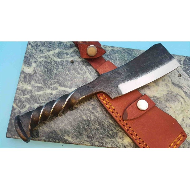 Couperet Fabrication Artisanal Forgé Dans un Clou de Rail Acier Carbone Etui Cuir PA4416 - Livraison Gratuite