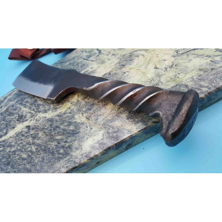 Couperet Fabrication Artisanal Forgé Dans un Clou de Rail Acier Carbone Etui Cuir PA4416 - Livraison Gratuite