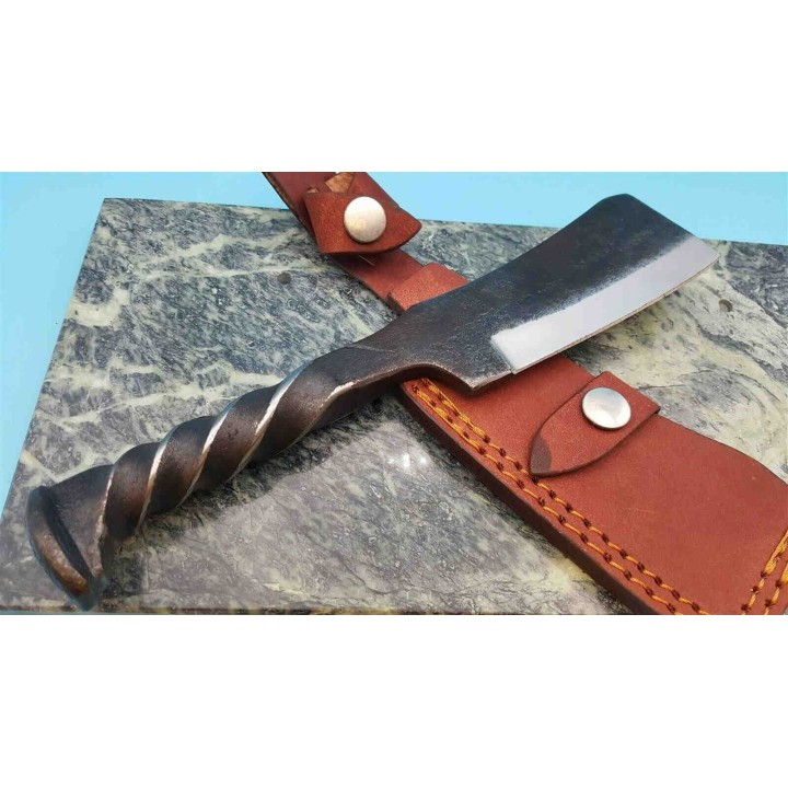 Couperet Fabrication Artisanal Forgé Dans un Clou de Rail Acier Carbone Etui Cuir PA4416 - Livraison Gratuite
