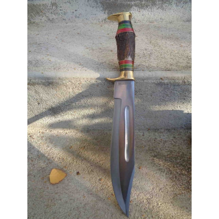 Couteau Bowie Rough Rider Stag Lame Acier Inox Manche Bois de Cerf Etui Cuir RR2205 - Livraison Gratuite