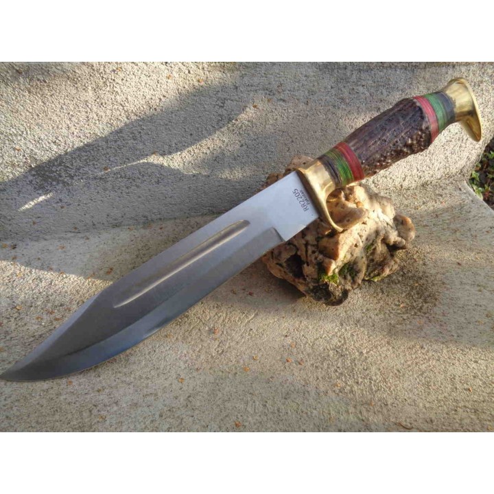 Couteau Bowie Rough Rider Stag Lame Acier Inox Manche Bois de Cerf Etui Cuir RR2205 - Livraison Gratuite