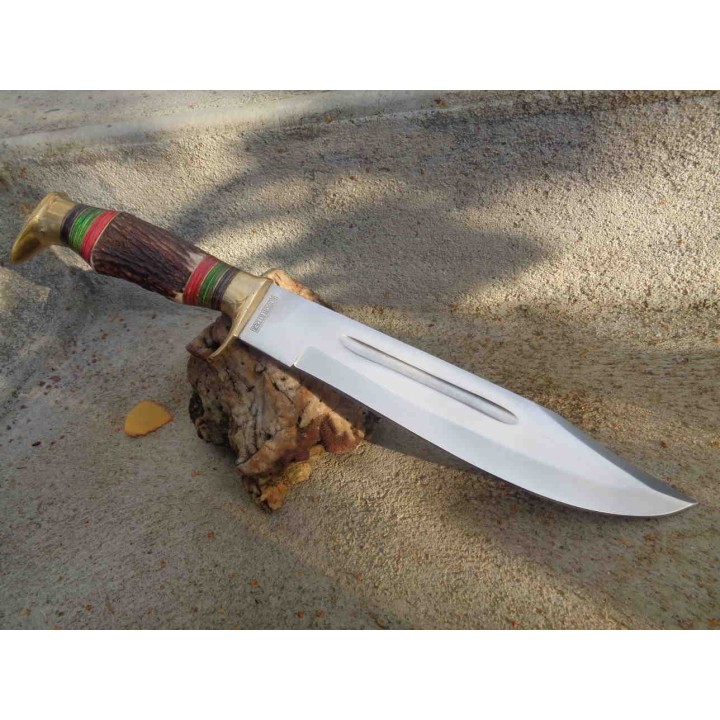 Couteau Bowie Rough Rider Stag Lame Acier Inox Manche Bois de Cerf Etui Cuir RR2205 - Livraison Gratuite
