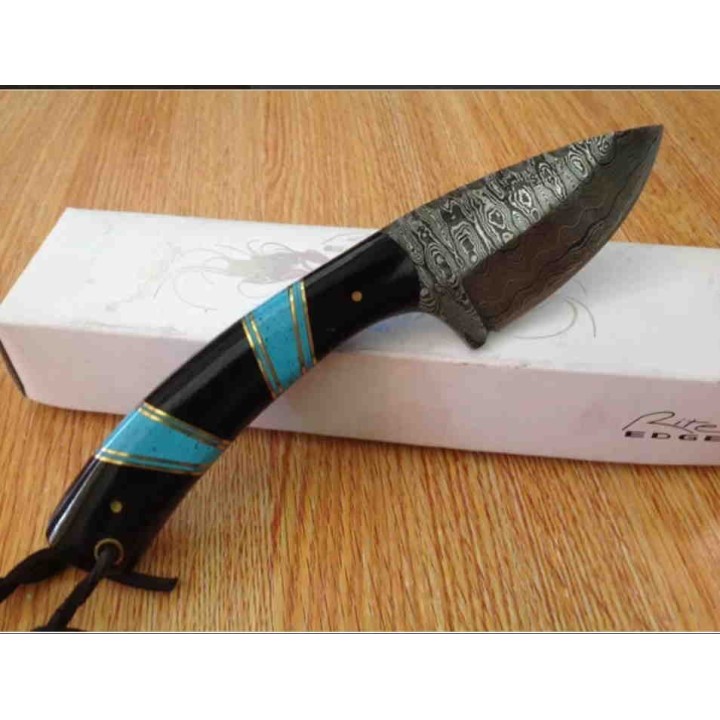 Couteau Skinner Damas Lame 256 Couches Manche Turquoise Etui Cuir DM1233BK - Livraison Gratuite