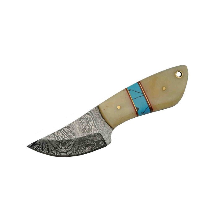 Couteau Skinner Damas Lame 256 Couches Manche Os&Turquoise Etui Cuir DM1238 - Livraison Gratuite