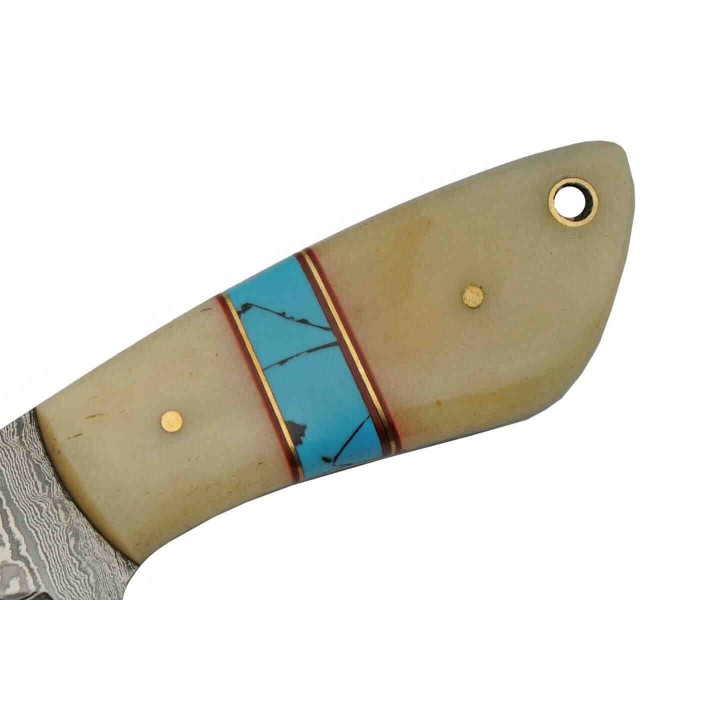 Couteau Skinner Damas Lame 256 Couches Manche Os&Turquoise Etui Cuir DM1238 - Livraison Gratuite