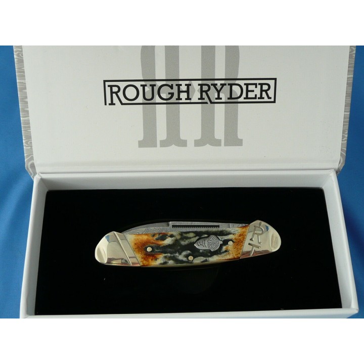 Couteau Damas Canoe Rough Ryder Copperhead Cinnamon Stag Manche Corne RR2156 - Livraison Gratuite