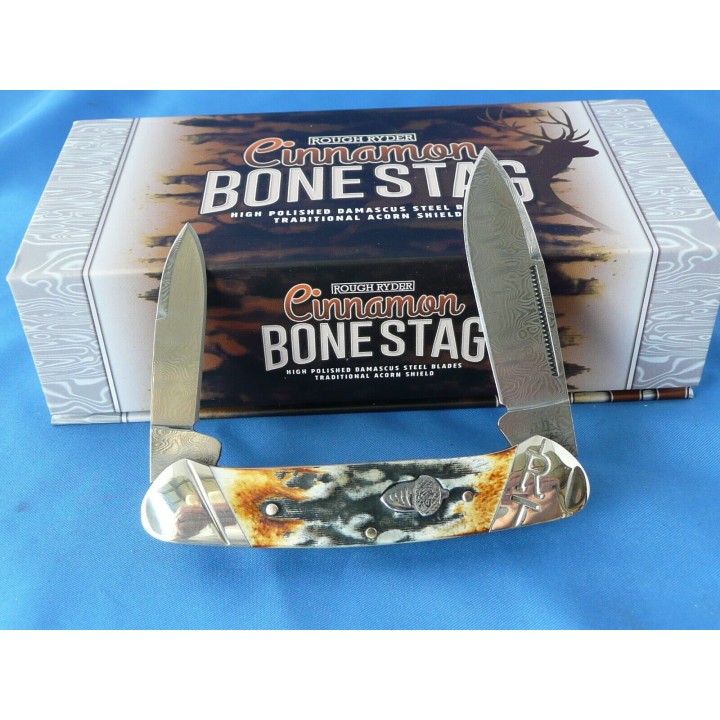 Couteau Damas Canoe Rough Ryder Copperhead Cinnamon Stag Manche Corne RR2156 - Livraison Gratuite