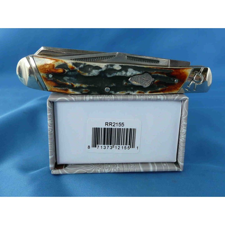 Couteau Trapeur Damas 2 Lames Copperhead Cinnamon Stag Manche Corne RR2155 - Livraison Gratuite
