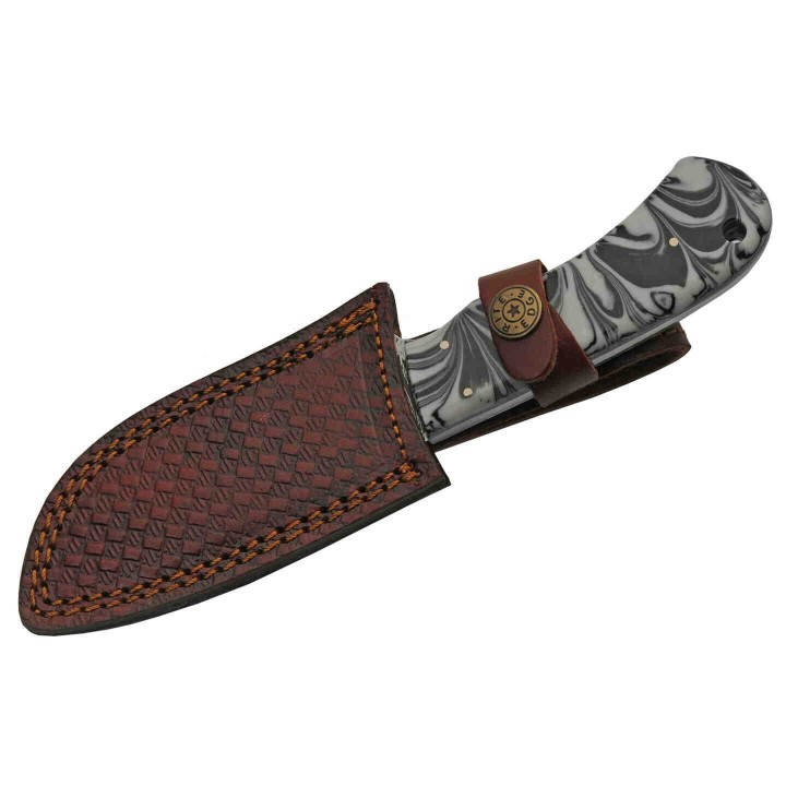 Couteau Damas Storm Hunter Kirinite Manche Blanc&Noir Lame 256 Couches Etui Cuir DM1251BK - Livraison Gratuite