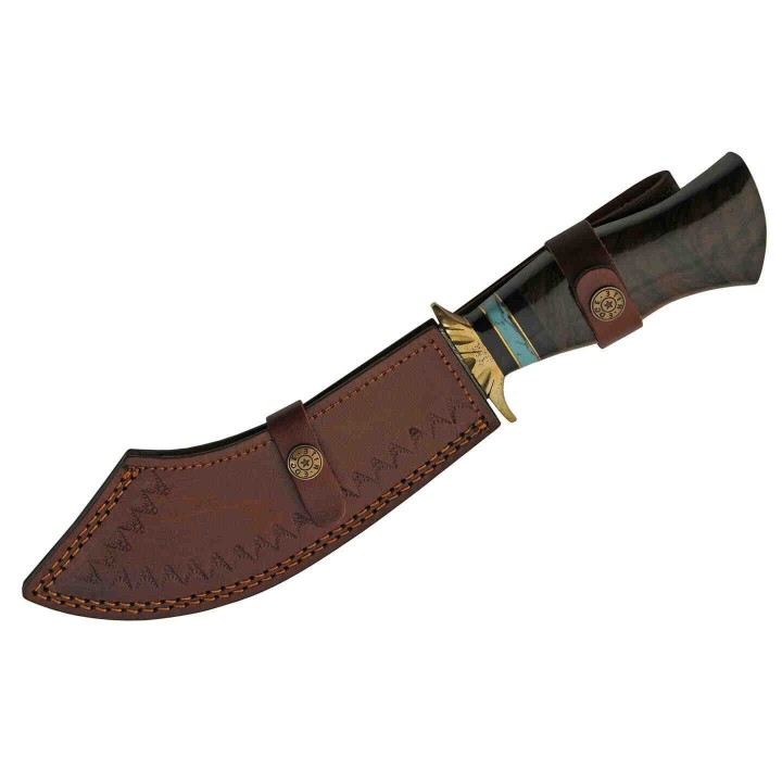 Couteau Scimitar Bowie Damas Manche Bois/Corne Lame 256 Couches Etui Cuir DM1252 - Livraison Gratuite