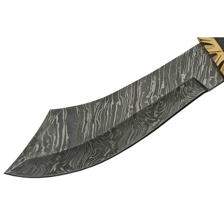 Couteau Scimitar Bowie Damas Manche Bois/Corne Lame 256 Couches Etui Cuir DM1252 - Livraison Gratuite