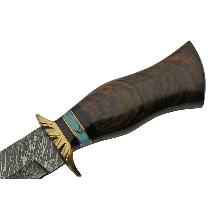 Couteau Scimitar Bowie Damas Manche Bois/Corne Lame 256 Couches Etui Cuir DM1252 - Livraison Gratuite