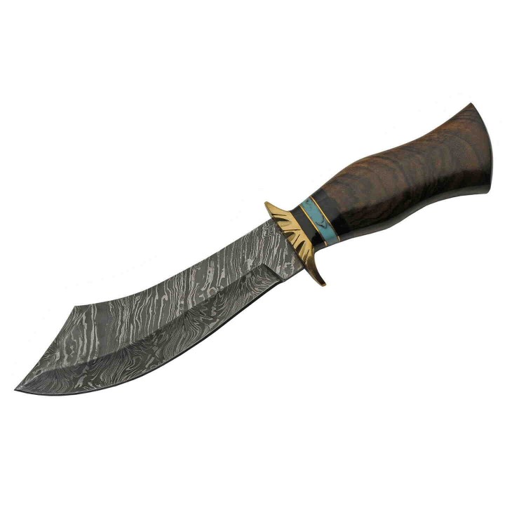 Couteau Scimitar Bowie Damas Manche Bois/Corne Lame 256 Couches Etui Cuir DM1252 - Livraison Gratuite