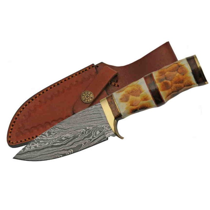 Couteau Damas Burnt Hunter Lame 256 Couches Manche OS Etui Cuir DM1254 - Livraison Gratuite