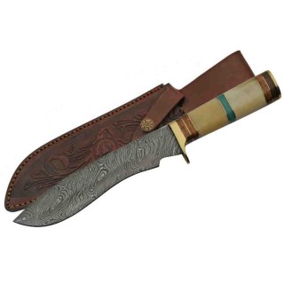 Couteau Damas Turquoise Hunter Lame 256 Couches Manche OS Etui Cuir DM1255 - Livraison Gratuite