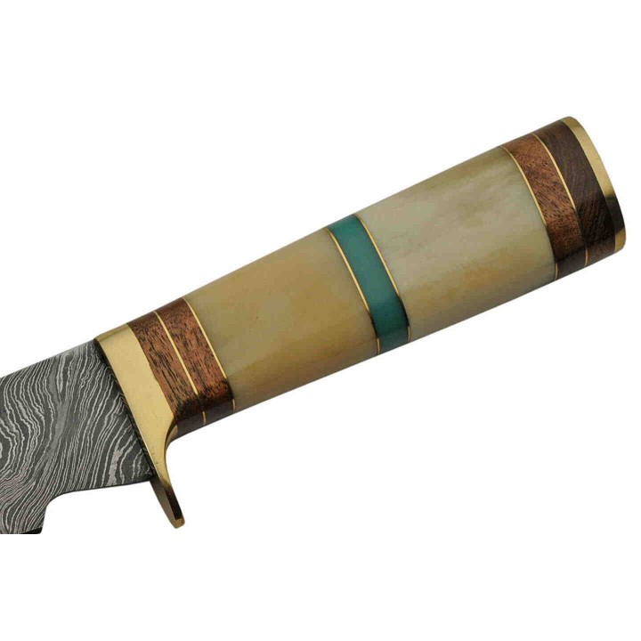Couteau Damas Turquoise Hunter Lame 256 Couches Manche OS Etui Cuir DM1255 - Livraison Gratuite