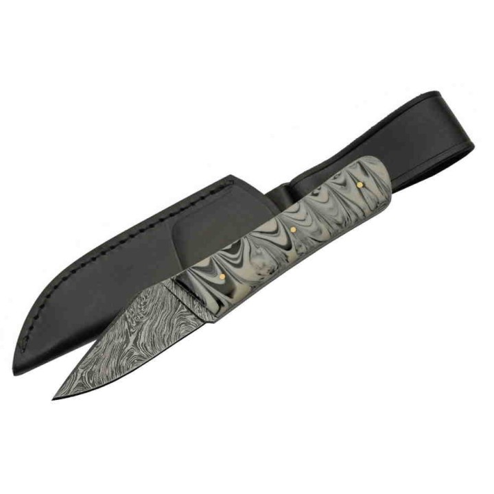 Couteau Skinner Damas Lame 256 Couches Manche Résine Etui Cuir DM1258BK - Livraison Gratuite