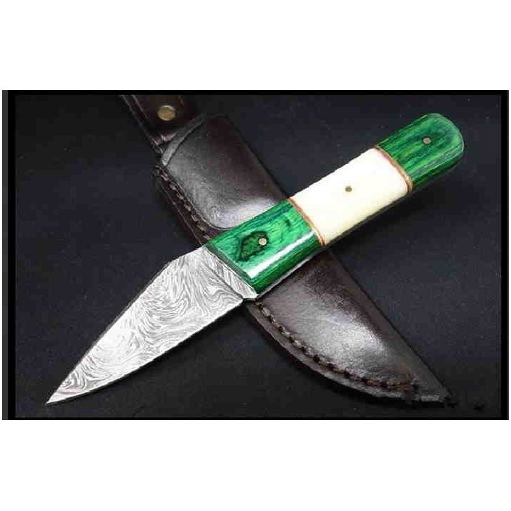 Couteau Skinner Damas Lame 256 Couches Manche Os/Bois Etui Cuir DM1258GN - Livraison Gratuite