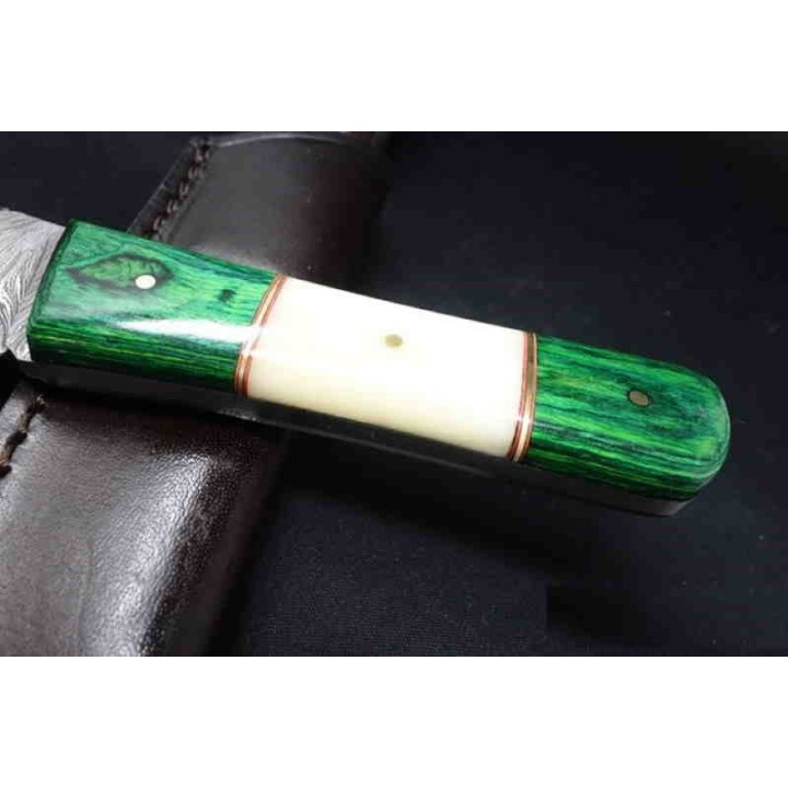 Couteau Skinner Damas Lame 256 Couches Manche Os/Bois Etui Cuir DM1258GN - Livraison Gratuite