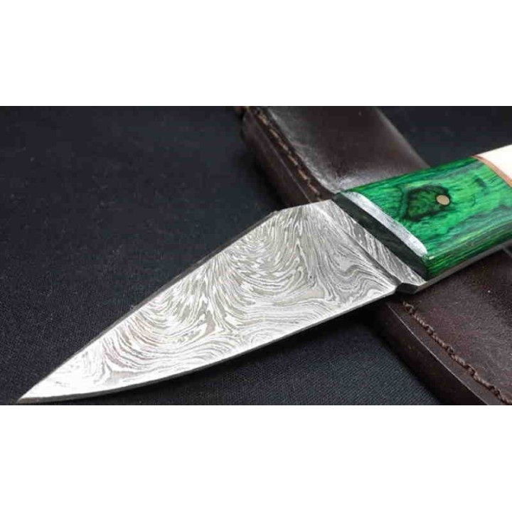 Couteau Skinner Damas Lame 256 Couches Manche Os/Bois Etui Cuir DM1258GN - Livraison Gratuite