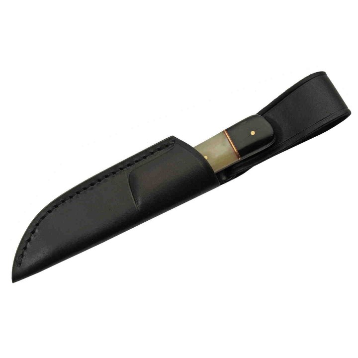 Couteau Skinner Damas Lame 256 Couches Manche Os/Corne Etui Cuir DM1258HN - Livraison Gratuite