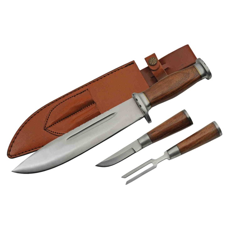 Couteau Bowie Combo : 1 Bowie + 1 Couteau + 1 Fourchette Acier Inox Manche Bois Etui Cuir PA203415 - Livraison Gratuite
