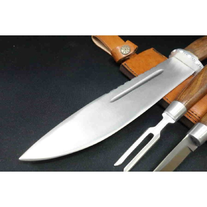Couteau Bowie Combo : 1 Bowie + 1 Couteau + 1 Fourchette Acier Inox Manche Bois Etui Cuir PA203415 - Livraison Gratuite