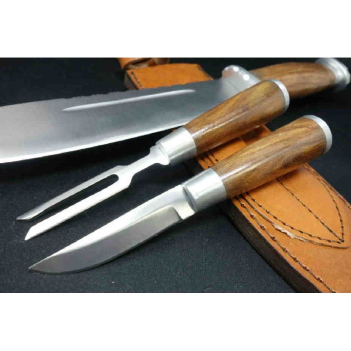 Couteau Bowie Combo : 1 Bowie + 1 Couteau + 1 Fourchette Acier Inox Manche Bois Etui Cuir PA203415 - Livraison Gratuite