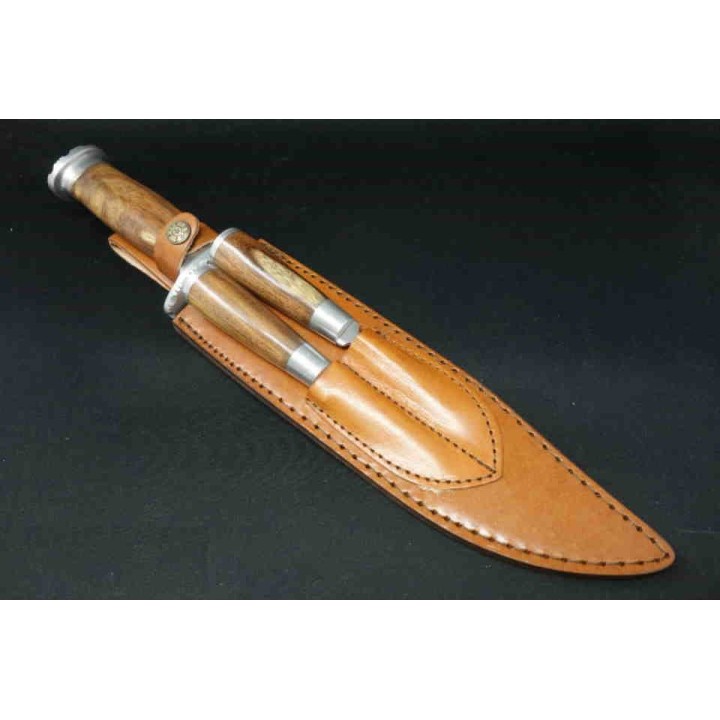 Couteau Bowie Combo : 1 Bowie + 1 Couteau + 1 Fourchette Acier Inox Manche Bois Etui Cuir PA203415 - Livraison Gratuite