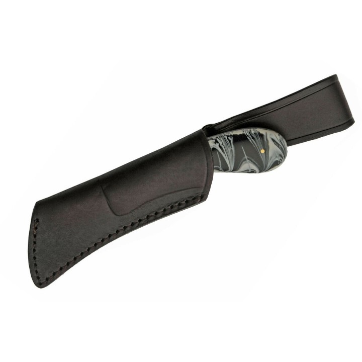 Couteau Damas Skinner Hook Lame 256 Couches Manche Résine Etui Cuir DM1260BK - Livraison Gratuite