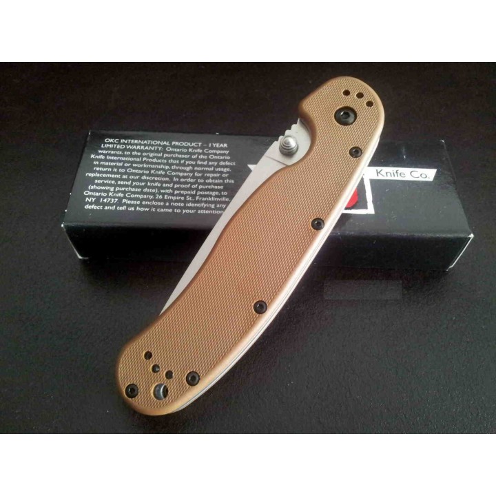 Couteau Ontario RAT 1 Tactical Manche Coyote brown Lame Combo Acier AUS-8 ON8849CB - Livraison Gratuite