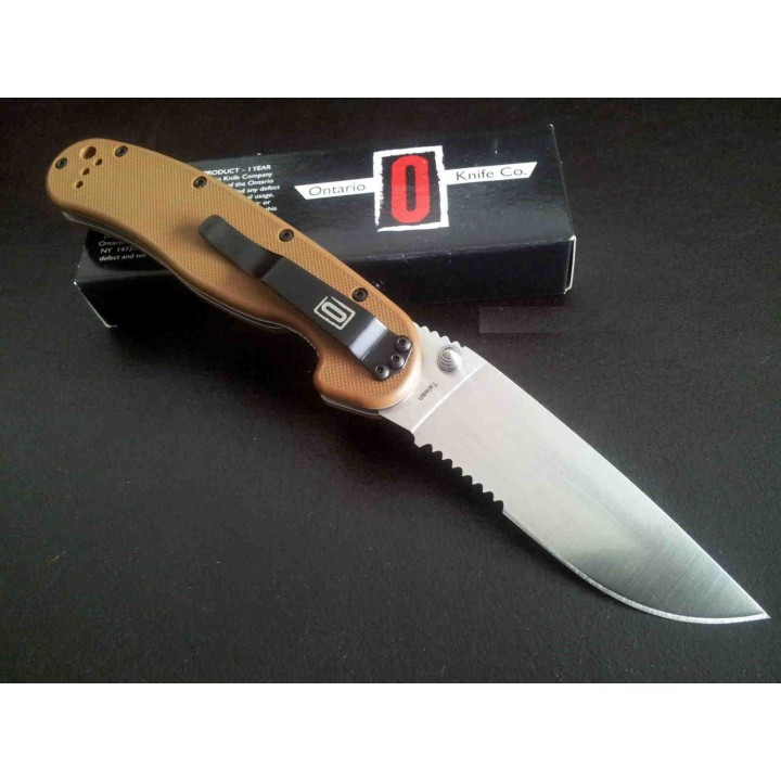 Couteau Ontario RAT 1 Tactical Manche Coyote brown Lame Combo Acier AUS-8 ON8849CB - Livraison Gratuite